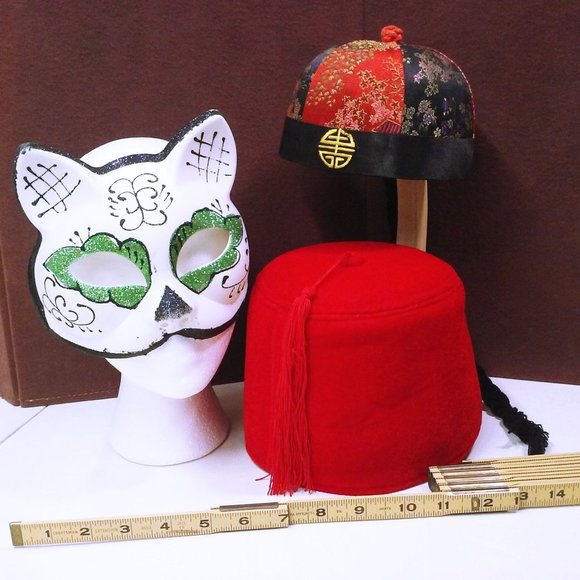 Vintage Lot of 3 Collection Fancy Dress Costume Party Hats Cat Mask Fez Asian - Picture 8 of 11